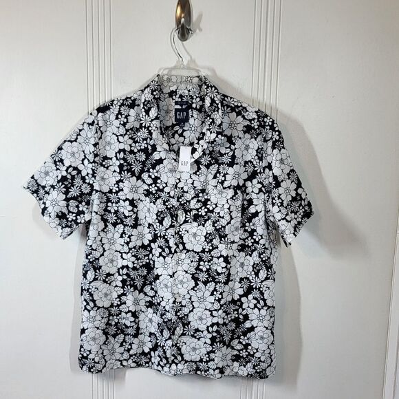 Gap Women's Black & White Flowered Linen Blend Blouse - Picture 1 of 11